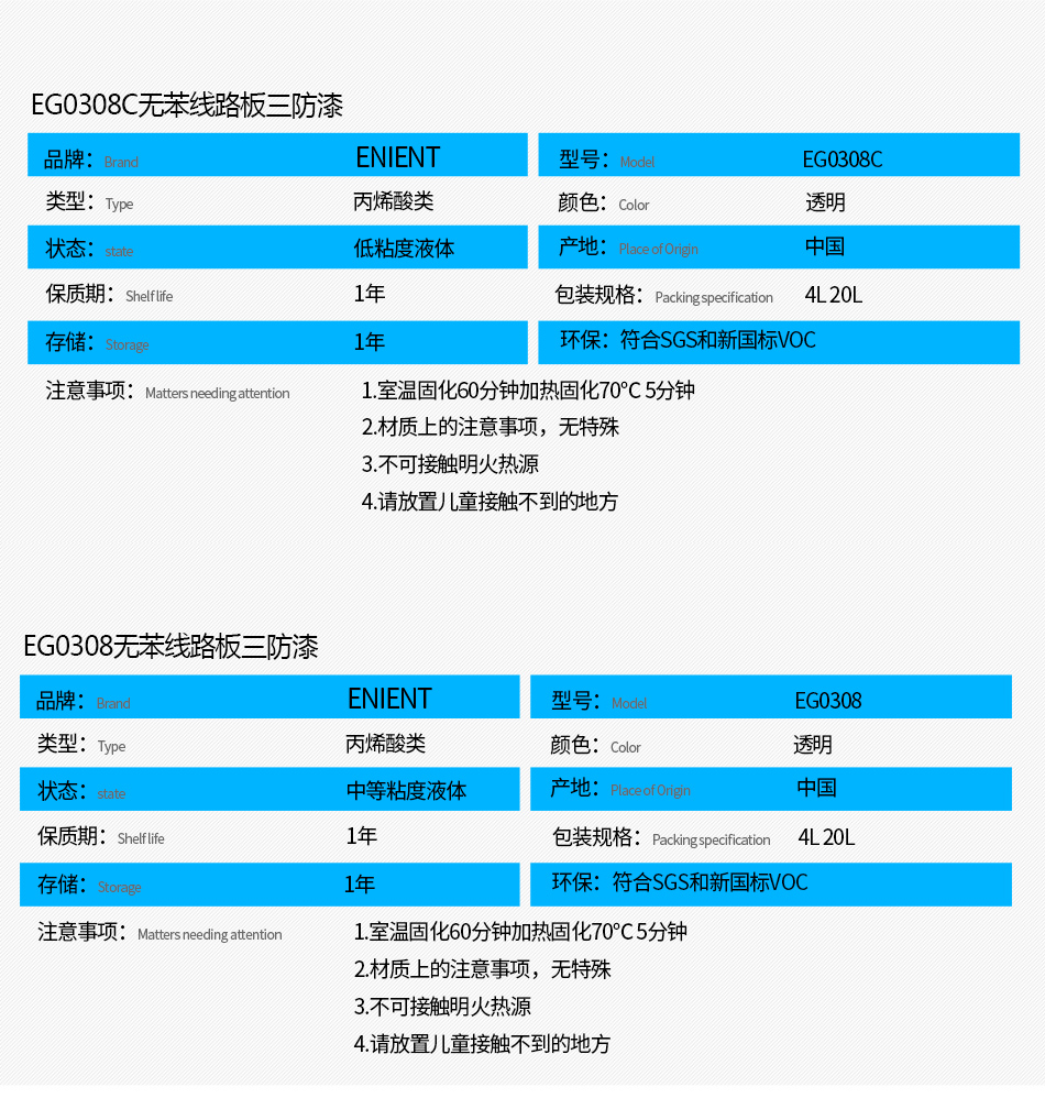 EG0308無(wú)苯線路板三防漆具有優(yōu)異的防水、防潮、防塵、絕緣性能，同時(shí)耐冷熱沖擊、耐老化、耐輻射、耐鹽霧、耐腐蝕、耐振動(dòng)、耐電弧，柔韌性、附著力等性能良好，帶熒光指示，可檢查噴涂是否到位。